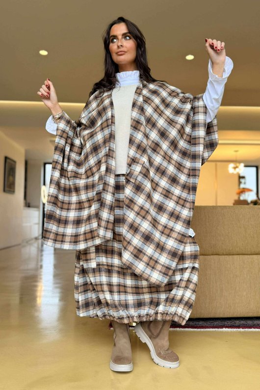 Roberta Plaid Brushed Cotton Balloon Hem Skirt Camel